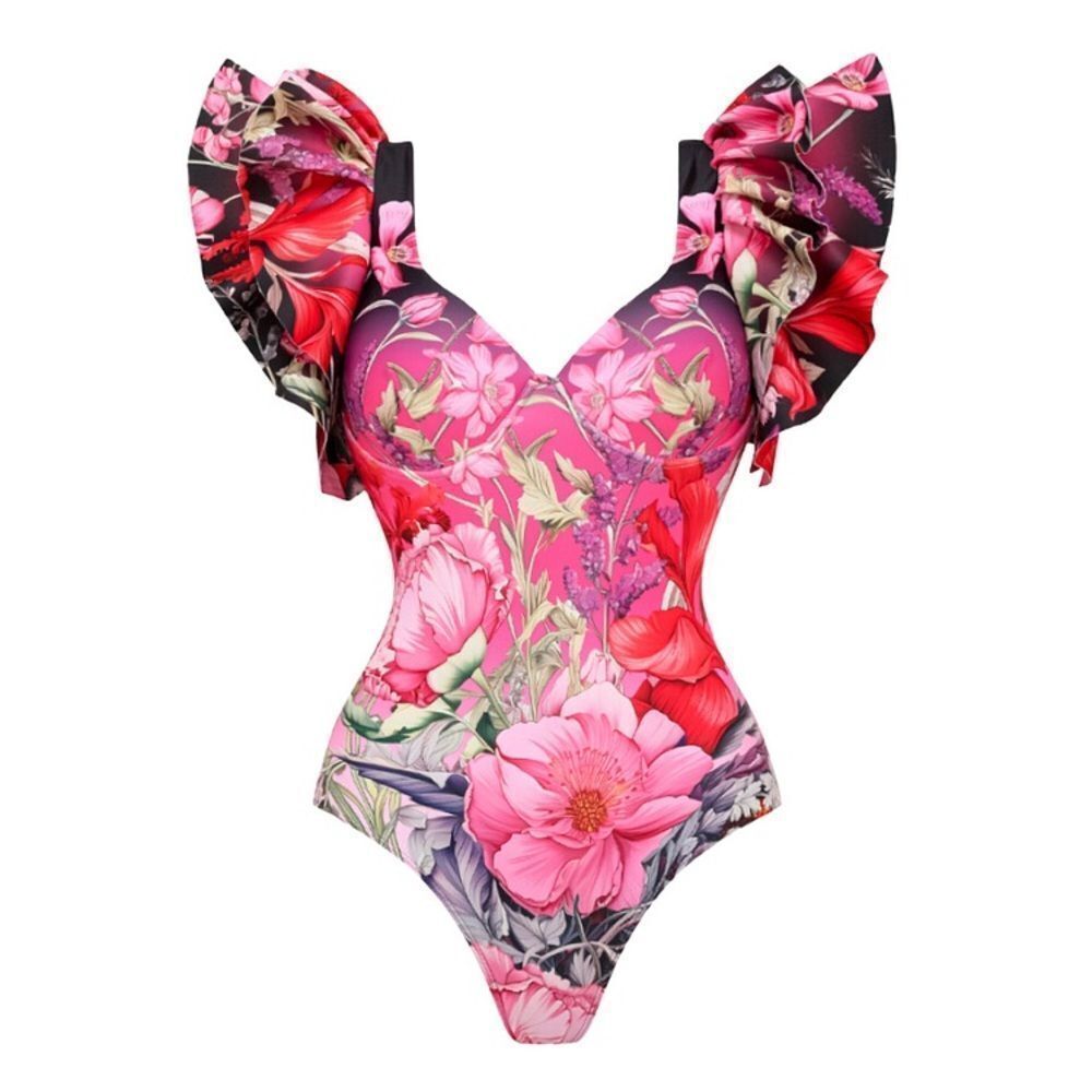 Floral Ruffle One-Piece Swimsuit - Pink Floral - Picture 4 of 12